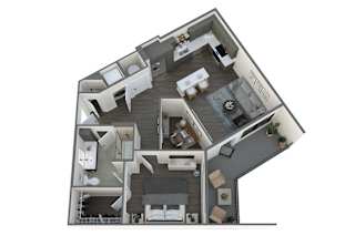 a 3d floor plan with a bedroom and a living room