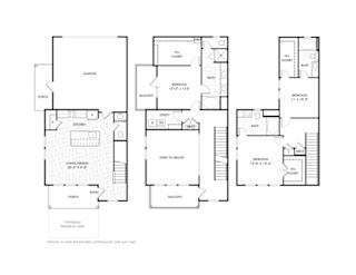 A floor plan of a house with three bedrooms, a garage, and a porch.