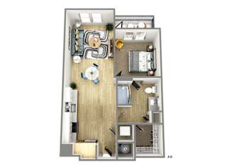 a stylized floor plan with a bedroom and living room