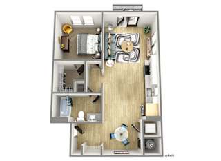 a stylized floor plan with a bedroom and a living room