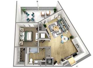 a stylized floor plan with a bedroom and a living room
