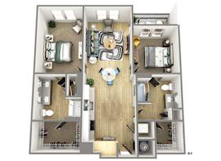 a stylized floor plan with a bedroom and a living room