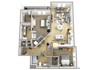 A 3D floor plan of an apartment with a movable island in the kitchen.