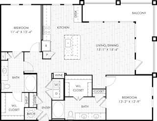 A floor plan of a home with a living room, dining room, kitchen, and two bedrooms.