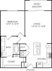 A floor plan of a home with a bedroom, bathroom, kitchen, and living room.