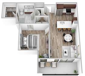 a stylized floor plan with a bedroom and a living room