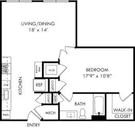 A black and white image of a floor plan for a living/dining area and a bedroom.