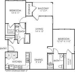 A black and white image of a floor plan for a home with a living room, two bedrooms, a kitchen, and a balcony.