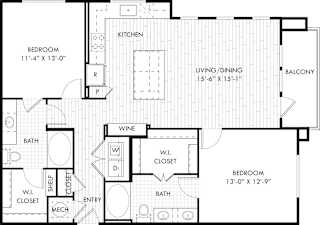 A floor plan of a house with a living room, dining room, kitchen, and two bedrooms.
