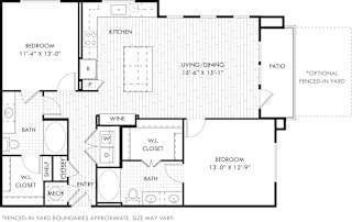 A floor plan of a house with a living area, kitchen, and two bedrooms.