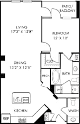 A floor plan of a home with a living room, dining room, kitchen, bathroom, and bedroom.