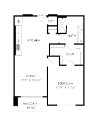 A floor plan of a house with a living room, kitchen, bathroom, and balcony.