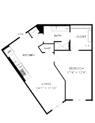 A floor plan of a house with a kitchen, living room, and bathroom.