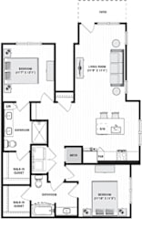 2 bedroom first floor apartment. patio entrance opens into living room area. leads to kitchen with island and pantry. full size washer/dryer in closet off of the kitchen, next to guest access to bathroom. bathroom connects to bedroom and large walk-in closet. 2nd bedroom with private bath and dual sink vanity. Standalone shower. bath connects to large walk-in closet.