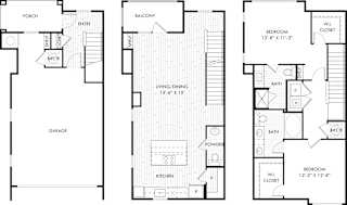 Three floor plans for a house with a garage, balcony, and two bedrooms.