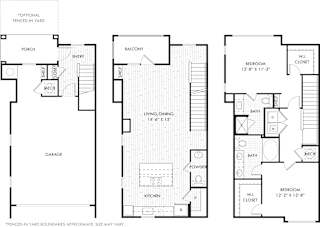 A floor plan of a house with a garage, porch, and a balcony.