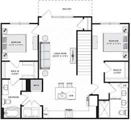 2 bedroom 2 bath 2nd floor apartment. stairwell opens into L-shaped kitchen with island overlooking living room. bedrooms on opposite sides of floorplan. master bath has private bath with dual vanity and walk-in shower. full size washer/dryer. private balcony