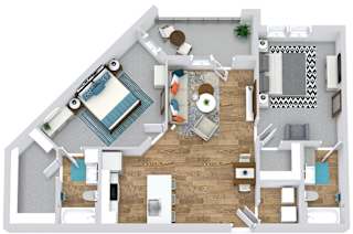 2 bedroom 2 bath 3d floorplan with kitchen overlooking dining/living area. private baths. w.i.c. full size washer/dryer. patio/balcony