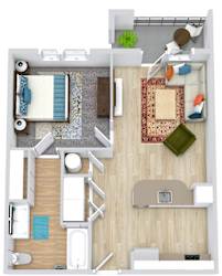 A floor plan of a small apartment with a bedroom, living room, and bathroom.