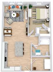 the 1 bedroom 1 bath Douglas foorplan. entry opens into kitchen area with l-shaped kitchen and island. overlooking living area and entrance to bedroom has walk in closet. full size washer/dryer in laundry room. bathroom has garden style tub.