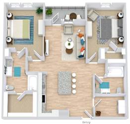 the 2 bedroom 2 bath hickory floorplan. entrance opens to l-shaped kitchen with island that overlooks the living area and entrance to patio/balcony. bedrooms on either side of the floorplan. Walk-in closets in each bedroom. guest access to secondary bathroom off of living area.