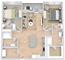 the 2 bedroom 2 bath kentucky floorplan. entrance opens to l-shaped kitchen with island that overlooks the living area and entrance to patio/balcony. bedrooms on either side of the floorplan. Walk-in closets in each bedroom. guest access to secondary bathroom off of living area.  Laundry room with full size washer/dryer next to entrance of home.