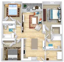 A top-down view of a house interior with a living room, dining area, kitchen, and bedrooms.