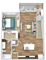 1 bedroom 2nd floor apartment. Stairs open into kitchen area with island and pantry.  island overlooks the living room. Bedroom is off of the living room. with large walk-in closet  that connects to the bathroom. Standalone glass shower with guess access door. Stackable Washer/Dryer in closet in kitchen area. Large balcony off of the living room.