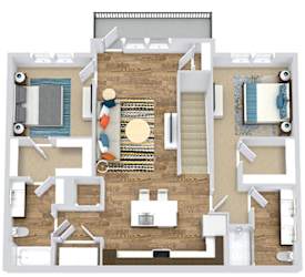 2 bedroom 2 bath 2nd floor apartment. stairwell opens into L-shaped kitchen with island overlooking living room. bedrooms on opposite sides of floorplan. master bath has private bath with dual vanity and walk-in shower. full size washer/dryer. private balcony