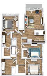 3 bedroom 1st floor apartment. patio entrance opens into living room area. kitchen with peninsula island overlooks living area. front bedroom is master with private bath with dual sink vanity, standalone shower and walk-in closet. hallway off of kitchen leads to full size washer/dryer closet. and  2 other bedrooms with walk-in closets. 2nd shared bath with linen closet.