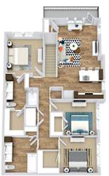 3 bedroom 2nd floor apartment. stairwell entrance opens into kitchen with peninsula island overlooks living area. front bedroom is master with private bath with dual sink vanity, standalone shower and walk-in closet. hallway off of kitchen leads to full size washer/dryer closet. and  2 other bedrooms with walk-in closets. 2nd shared bath with linen closet. Large balcony off of living room