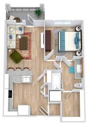 A floor plan of a house with a kitchen, living room, and bathroom.
