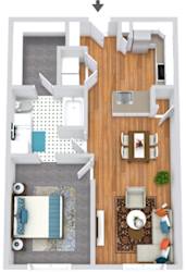 A top-down view of a small apartment with a living room, dining area, kitchen, and bathroom.