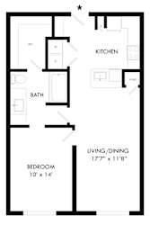 A floor plan of a small apartment with a bedroom, bathroom, living/dining area, and kitchen.