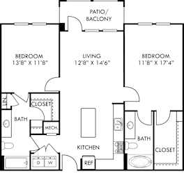 A black and white image of a house floor plan with three bedrooms, a living room, a kitchen, a bathroom, a patio/babylon, and a closet.