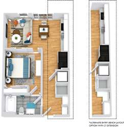 3D Studio apartment with 1 bath. Entrance hallway has coat rack and bench and open shelving. Entrance to Bathroom and washer/dryer. Opens into kitchen and living area. Bedroom off of living area separated by sliding door. 2nd entrance to bathroom from the bedroom. Juliette Balcony.