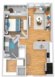 3D 1 bedroom 1 bath floorplan. Entry opens into kitchen with peninsula couters overlooking the living area.  Entrance to bedroom from the living room. Bathroom access available from living as well as bedroom. Walk-in closet with stackable washer/dryer. Balcony off of living room