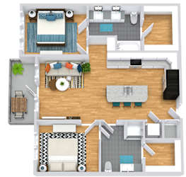 3D 2 Bedroom 2 bath floorplan with L-shaped kitchen, pantry, w/d. one bathroom has a tub/shower while the other is a standalone shower. Bedrooms on opposite sides of the floorplan. Walk-in closets. balcony off of living area.