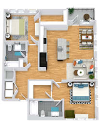 3D 2 bedroom 2 bath floorplan. entrance opens to full size washer/dryer closet. round the corner to the kitchen with island that overlooks the dining and living area. One bedroom off of living area with walk-in closet and bath. guest bedroom down the hall behind the kitchen area. hall also leads to guest bath. Balcony access from living room.