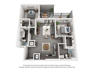 2 bedroom floorplan. L-shaped kitchen overlooking dining and living area.  bedrooms on opposite sides of the apartment. Walk-in closets. 2 bathrooms. W/D in kitchen area.