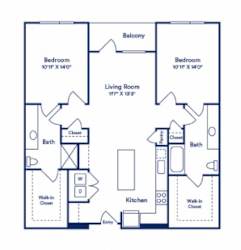 blue and white floor plan of a bedroom apartment