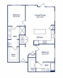 blue and white floor plan of a bedroom apartment