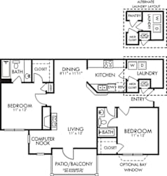 Palmetto. 2 bedroom apartment. Kitchen with bartop open to living & dinning rooms. Computer nook. 2 full bathrooms. Walk-in closets. Patio/balcony. Optional Fireplace.