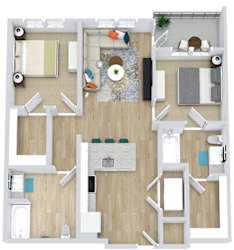 2 bedroom 2 bath Palmetto floorplan. Entry opens to l-shaped kitchen with peninsula overlooking living area. bedrooms on opposite side of the floorplan. one bedroom has private bath the other has guest access. Laundry closet in kitchen. balcony/patio access off of living room.