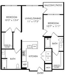 2 bedroom 2 bath Palmetto floorplan. Entry opens to l-shaped kitchen with peninsula overlooking living area. bedrooms on opposite side of the floorplan. one bedroom has private bath the other has guest access. Laundry closet in kitchen. balcony/patio access off of living room.