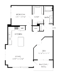 A floor plan of a house with a living room, kitchen, and bathroom.