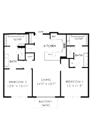 A floor plan of a house with three bedrooms and a living room.