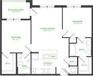 2 bedroom 2 bath floorplan. kitchen with island peninsula overlooking dining/living area. private baths and w.i.c. Full size washer/dryer. patio/balcony