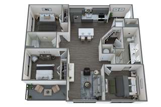 a 3d floor plan of a studio apartment with a bedroom and living room