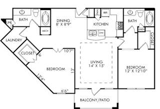 The Rome. 2 bedroom apartment. Kitchen with bartop open to living/dining rooms. 2 full bathrooms. Walk-in closets. Patio/balcony.